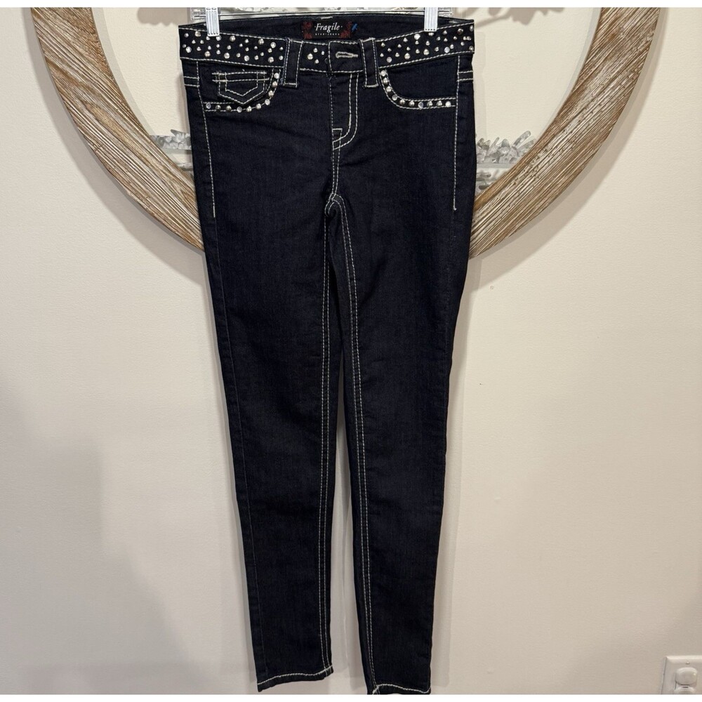 Fragile Slim Leg Jeans Wmn's Size M Dark Wash Denim Blue Studs Stitching Y2K
